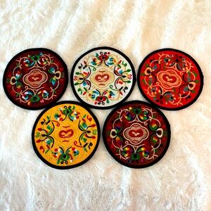 Asian Inspired Embroidered Silk Coasters, Set of 5- 5” Round